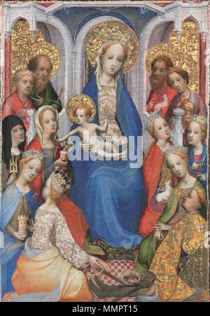 Enthroned Virgin and Child, with Saints Paul, Peter, Clare of Assisi, Mary Magdalene, Barbara, Catherine of Alexandria, John the Baptist, John the Evangelist, Agnes, Cecilia, Margaret of Antioch, and George. c. 1400-1410. Attributed to the Master of Saint Veronica, German, active c. 1395 - c. 1425 - Enthroned Virgin and Child, with Saints Paul, Peter, Clare of Assisi, Mary Magdalene, Barbara, Cathe... - Google Art Project Stock Photo