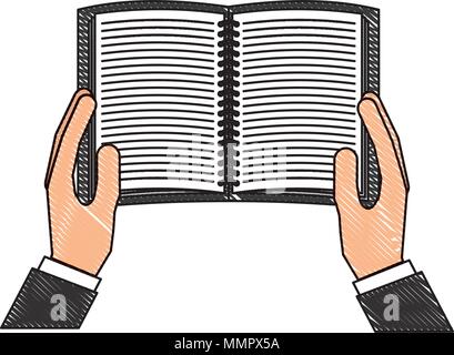 open book in the hands of male vector illustration drawing Stock Vector