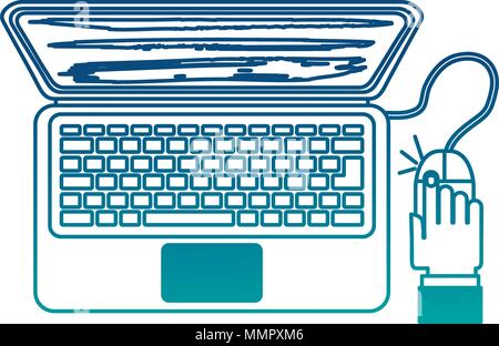 laptop mouse cursor clicking technology vector illustration neon color Stock Vector