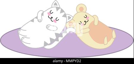 kawaii cat and mouse sleeping cartoon Stock Vector