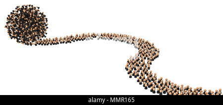 Crowd of small symbolic businessmen figures, ball rolling, 3d illustration, horizontal, over white, isolated Stock Photo