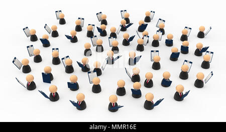Crowd of small symbolic businessmen figures with clipboards, 3d illustration, horizontal, over white Stock Photo