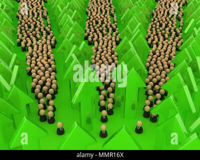 Crowd of small symbolic businessmen figures, arrow rise forest, 3d illustration, horizontal Stock Photo