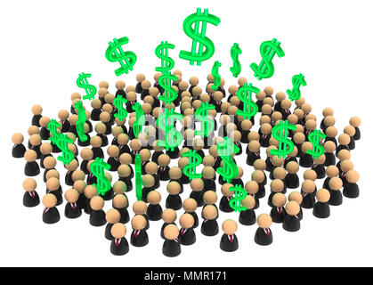 Crowd of small symbolic businessmen figures, money ideas, 3d illustration, horizontal, over white, isolated Stock Photo