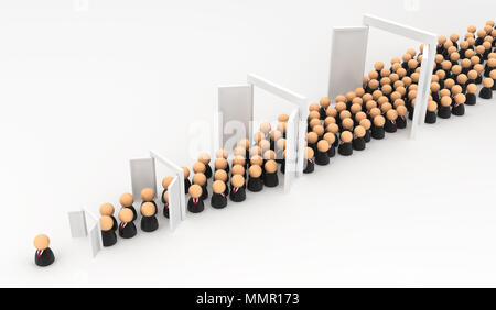 Crowd of small symbolic businessmen figures, promotion doors, 3d illustration, horizontal, over white Stock Photo