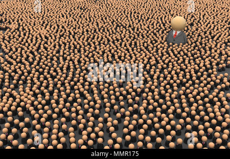 Crowd of small symbolic businessmen figures, big manager alone, 3d illustration, horizontal Stock Photo