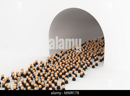 Crowd of small symbolic businessmen figures, tunnel arch exiting, 3d illustration, horizontal, over white Stock Photo