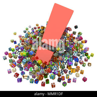 Gift large group 3d illustration, big exclamation mark, horizontal, over white Stock Photo