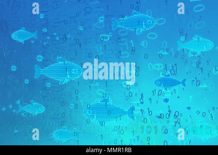 Code Swimming Fish Virtual blue glowing fish swimming in code habitat, one fish center, 3d ...
