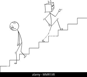 Cartoon of Human Going Down the Stairs and Robot Moving Up Stock Vector