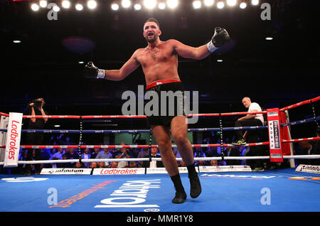 Hughie Fury celebrates winning the Heavyweight title at The Macron Stadium, Bolton. Stock Photo