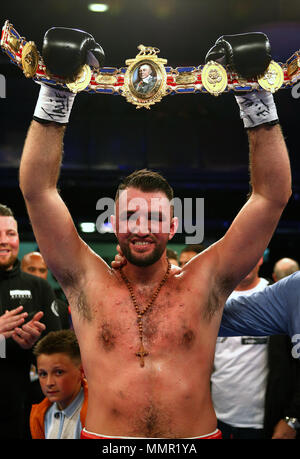 Hughie Fury celebrates winning the Heavyweight title at The Macron Stadium, Bolton. Stock Photo