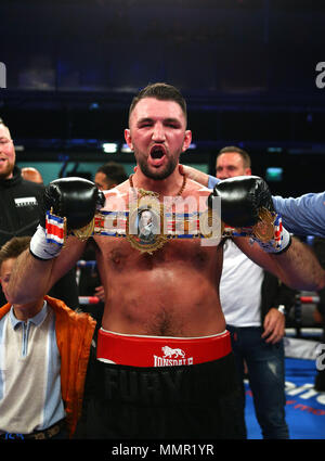 Hughie Fury celebrates winning the Heavyweight title at The Macron Stadium, Bolton. Stock Photo