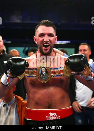 Hughie Fury celebrates winning the Heavyweight title at The Macron Stadium, Bolton. Stock Photo