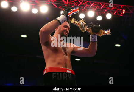 Hughie Fury celebrates winning the Heavyweight title contest at The Macron Stadium, Bolton. PRESS ASSOCIATION Photo. Picture date: Saturday May 12, 2018. See PA story BOXING Bolton. Photo credit should read: Dave Thompson/PA Wire. Stock Photo