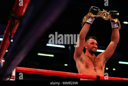 Hughie Fury celebrates winning the Heavyweight title contest at The Macron Stadium, Bolton. PRESS ASSOCIATION Photo. Picture date: Saturday May 12, 2018. See PA story BOXING Bolton. Photo credit should read: Dave Thompson/PA Wire. Stock Photo