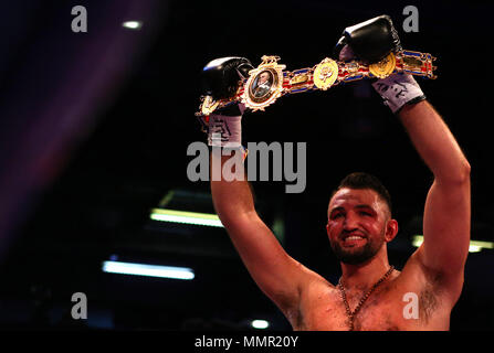 Hughie Fury celebrates winning the Heavyweight title contest at The Macron Stadium, Bolton. PRESS ASSOCIATION Photo. Picture date: Saturday May 12, 2018. See PA story BOXING Bolton. Photo credit should read: Dave Thompson/PA Wire. Stock Photo