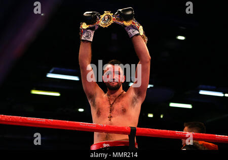 Hughie Fury celebrates winning the Heavyweight title contest at The Macron Stadium, Bolton. Stock Photo