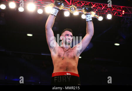 Hughie Fury celebrates winning the Heavyweight title contest at The Macron Stadium, Bolton. Stock Photo