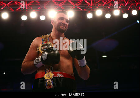 Hughie Fury celebrates winning the Heavyweight title contest at The Macron Stadium, Bolton. Stock Photo