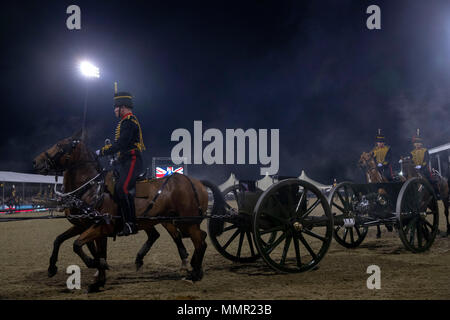 The Musical Drive of the King's Troop Royal Horse Artillery perform in front of Queen Elizabeth II, during the Royal Windsor Horse Show at Windsor Castle, Berkshire. Stock Photo