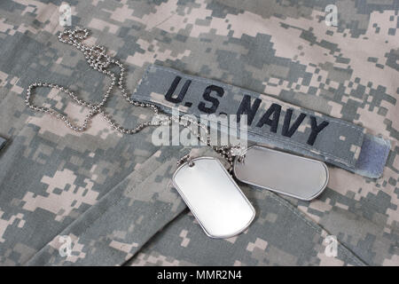 us navy camouflaged uniform with blank dog tags Stock Photo