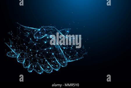 Business handshake lines and triangles, point connecting network on blue background. Illustration vector Stock Vector
