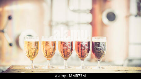 Panoramic of  glasses of beer, Foroya Bjor family brewery, Klaksvik, Bordoy Island, Faroe Islands Stock Photo