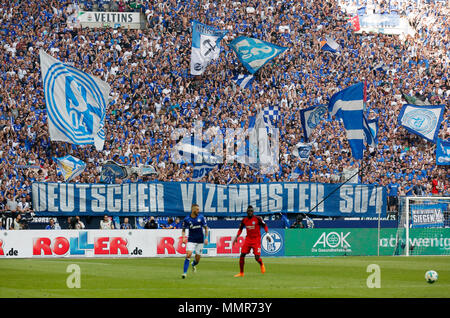 sports, football, Bundesliga, 2017/2018, FC Schalke 04 vs Eintracht Frankfurt 1:0, Veltins Arena Gelsenkirchen, fun and enthusiasm at the football fans, flag waving, banner 'German runner-up S04' Stock Photo