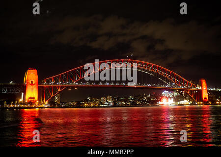 Sydney Harbour Bridge lit up red during the Lunar New Year Celebration Stock Photo