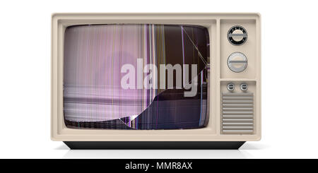 Vintage tv monitor with broken glass isolated on white background. 3d illustration Stock Photo