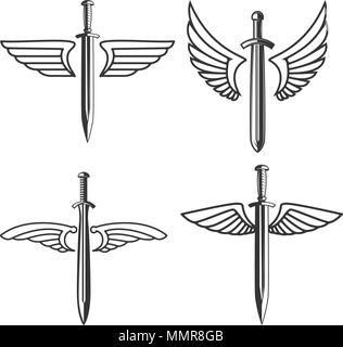 Set Of Emblems With Medieval Sword And Wings. Design Element For Logo 