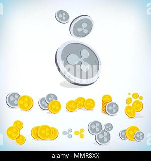 Cartoonish Ripple ripple. 2D cartoon coin. Digital currency. Cryptocurrency. Golden coins ...