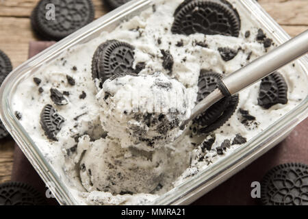 Oreo ice cream. Cookies and cream homemade ice cream dessert close up. Stock Photo