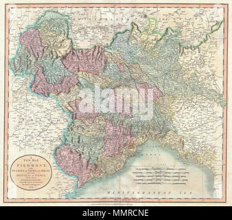 .  English: An exceptional example of John Cary’s important 1799 map of Piedmont. Extends from Lake Geneva in the north southward as far as Nice and eastward as far as Parma, Italy. Predates the Italian solidarity movement of the mid 19th century. Includes the old Italian Duchy of Milan, the Province of Turn, they city-state of Nice, and the Republic of Genoa, among others. Color coded according to district. All in all, one of the most interesting and attractive atlas maps of Piedmont to appear in first years of the 19th century. Prepared in 1799 by John Cary for issue in his magnificent 1808  Stock Photo