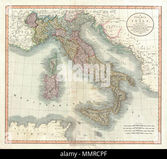 .  English: An exceptionally beautiful example of John Cary’s important 1799 Map of Italy. Includes the peninsula of Italy as well as the islands of Corsica, Sardinia and Sicily. Extends north as far as Switzerland and Tyrol. When this map was made Italy had yet to begin its campaign for national solidarity. The peninsula of Italy is shows divided between the Duchy of Tuscany, the Papal States, and the Kingdom of Naples. Northern Italy is divided into numerous smaller duchies and republics including Venice, Parma, Mantua, Modena, Milan, Piedmont, Savoy, et al. Includes adjacent parts of France Stock Photo