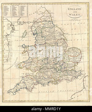 .  English: A fine 1799 map of England and Wales by the English map publisher Clement Cruttwell. A highly detailed map of the cartographer’s home country, this map includes all the counties (shires) as they appeared at the end of the 18th century, along with a reference chart in the upper-left quadrant. Cruttwell also labels major roadways, all major cities, and ports, as well as a few shoals and other submarine dangers. Mountains and other topographical features shown by profile. Outline color and fine copper plate engraving in the minimalist English style prevalent in the late 18th and early Stock Photo