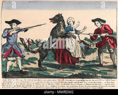 .  English: 18th century print depicting the Beast of Gévaudan. Français : La Bête du Gévaudan.  . 18th century. Anonymous Beast-Attaque Stock Photo