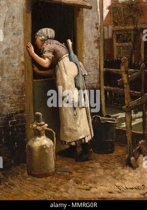 . English: The milk maid. Signed Blommers. Oil on panel. 42 x 32 cm.  . by 1914.   Bernard Blommers  (1845–1914)     Alternative names Bernardus Johannes Blommers  Description Dutch painter, draughtsman, printmaker, panorama painter, aquarellist and etcher  Date of birth/death 30 January 1845 15 December 1914  Location of birth/death The Hague The Hague  Work period between circa 1868 and circa 1914  Work location The Hague (....-1868), Rhine (1865), Paris (1870), Scheveningen (1869), Zandvoort, Katwijk, Oosterbeek, North Brabant, Heeze, The Hague (1880-1914), United States of America (1904)   Stock Photo