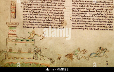 .  English: A 13th-century depiction of the Second Battle of Lincoln, which occurred at Lincoln Castle on 20 May 1217 during the First Barons' War between the forces of the future Louis VIII of France and those of King Henry III of England. Louis' forces were attacked by a relief force under the command of William Marshal, 1st Earl of Pembroke. Thomas du Perche, the Comte de la Perche, who was commanding the French troops, was killed; the illustration depicts his death. Perche had come to England to try and recover the honour of Perche which had been lost in 1204 by his mother (a niece of John Stock Photo