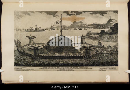 . Depiction of French craft for the proposed invasion of England. (British political cartoon); Perspective view of a French raft designed for the invasion of England, in the port of St. Malo; Not in BMC  A view of the French raft, as seen afloat at St. Maloes, in February 1798. 13 February 1798. Bodleian Libraries, A view of the French raft, as seen afloat at St Maloes, in February 1798