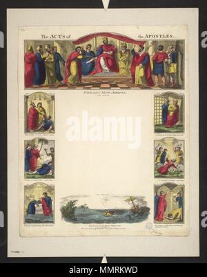 . Writing blank entitled The Acts of the Apostles; Biblical references with each quotation; has annotation at top left: '1/6'; Paul before King Agrippa; Peter & John restore a lame man; St. Peter & St. John imprisoned; Death of Ananias; St. Stephen stoned; Philip baptizing the Eunuch; Keeper of the prison at the feet of Paul & Silas; Paul preserved from shipwreck; Harding B 44(5)  Acts of the Apostles. 1820. Bodleian Libraries, Acts of the Apostles Stock Photo