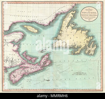 .  English: An exceptionally beautiful example of John Cary’s important 1807 map of Nova Scotia and Newfoundland. Covers the Maritime Provinces from New Brunswick and the Mouth of the St. Lawrence eastward as far as Newfoundland. Shows many of the offshore Cod Fishing Banks that made this area an important fishing center for hundreds of years. All in all, one of the most interesting and attractive atlas maps of Nova Scotia and Newfoundland to appear in first years of the 19th century. Prepared in 1807 by John Cary for issue in his magnificent 1808 New Universal Atlas .  A New Map of Nova Scoti Stock Photo