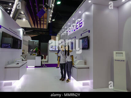 Singapore - Feb 11, 2018. People visit the aviation equipment exhibition in Changi, Singapore. Stock Photo