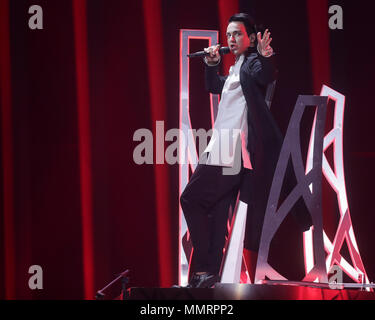 Portugal, Lisbon. 12th May 2018. Ukraine's Melovin performs 'Under the Ladder' at the finals of the 63rd Eurovision Song Contest. Photo: Jörg Carstensen/dpa Credit: dpa picture alliance/Alamy Live News Stock Photo