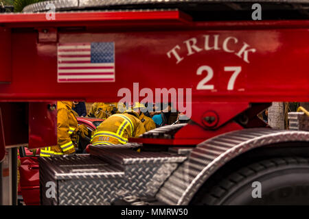 Los Angeles, California, USA 12 May 2018 A Los Angeles City Firefighters from Truck 27 in Hollywood doing a demo of a resuce using a rescue tool on Fire Service Day. Credit: Chester Brown/Alamy Live News Stock Photo