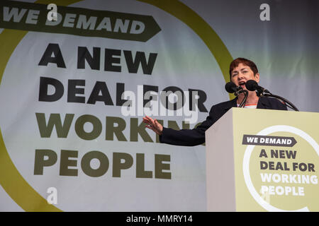 London, UK. 12th May, 2018. Dr Mary Bousted, Joint General Secretary of the National Education Union (NEU), addresses tens of thousands of people attending a New Deal for Working People rally organised by the TUC to call for more and better jobs and a more equal and prosperous country. Credit: Mark Kerrison/Alamy Live News Stock Photo