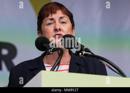 London, UK. 12th May, 2018. Dr Mary Bousted, Joint General Secretary of the National Education Union (NEU), addresses tens of thousands of people attending a New Deal for Working People rally organised by the TUC to call for more and better jobs and a more equal and prosperous country. Credit: Mark Kerrison/Alamy Live News Stock Photo