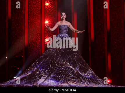 Portugal, Lisbon. 12th May 2018.   Estonia's Elina Nechayeva performs 'La forza' at the finals of the 63rd Eurovision Song Contest. Photo: Jörg Carstensen/dpa Credit: dpa picture alliance/Alamy Live News Stock Photo