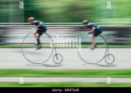 London, UK. 13th May, 2018. Members of the Penny Farthing cycling club perform track racing at Herne Hill velodrome. Credit: Guy Corbishley/Alamy Live News Stock Photo